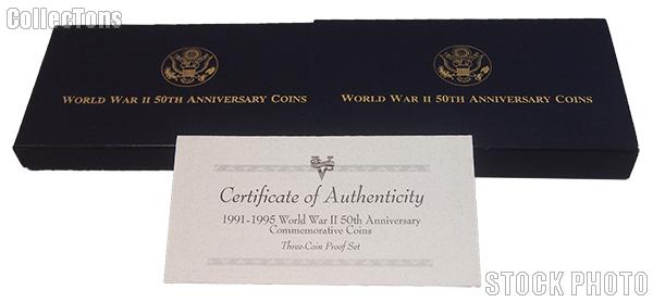 1991-1995 World War II 50th Anniversary Commemorative Proof Three Coin Set OGP Replacement Box and COA