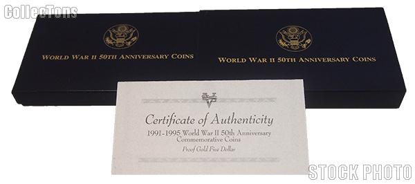 1991-1995 World War II 50th Anniversary Commemorative Proof Gold Five Dollar OGP Replacement Box and COA