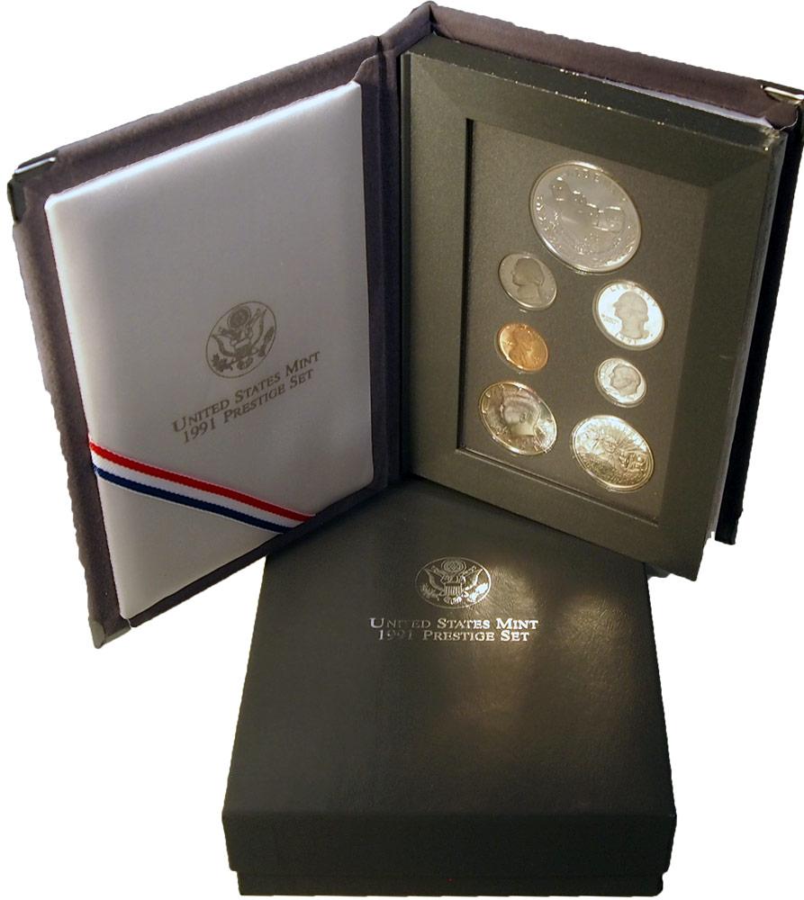 1991 PRESTIGE PROOF SET Deluxe Box & Papers 7 Coin U.S. Mint Proof Set