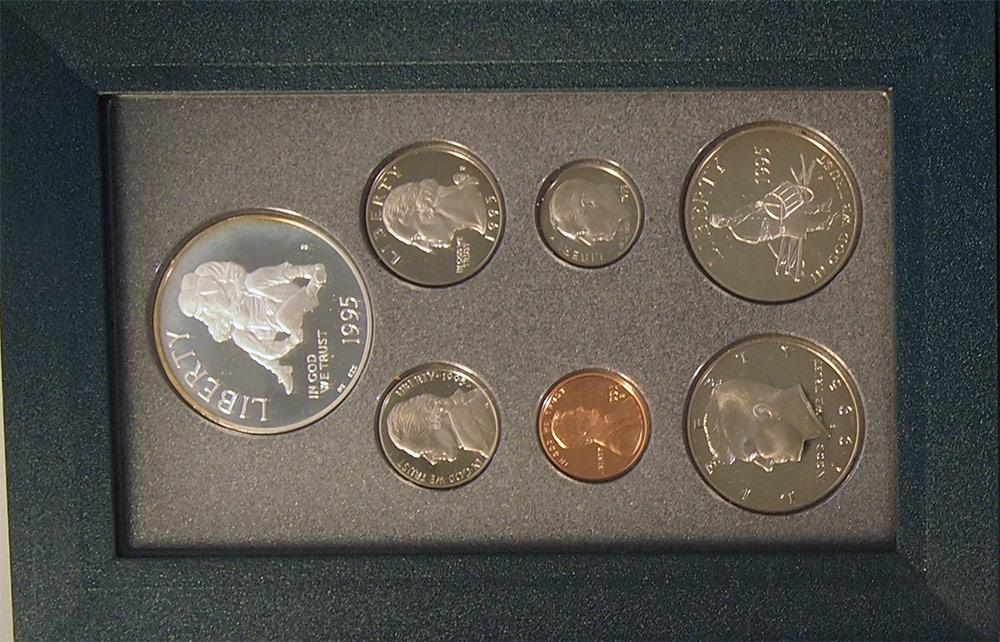 1995 PRESTIGE PROOF SET Deluxe Box & Papers 7 Coin U.S. Mint Proof Set