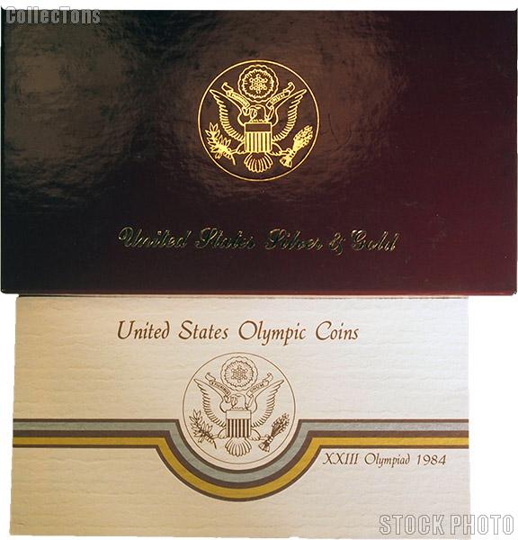 1984 Los Angeles Olympics Commemorative Uncirculated Silver & Gold Three Coin Set OGP Replacement Box and COA