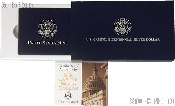 1994 U.S. Capitol Bicentennial Commemorative Uncirculated Silver Dollar OGP Replacement Box and COA