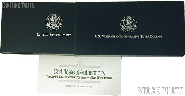 1994 U.S. Veterans Commemorative Uncirculated Three Coin Set OGP Replacement Box and COA