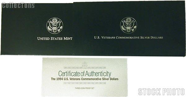 1994 U.S. Veterans Commemorative Proof Three Coin Set OGP Replacement Box and COA