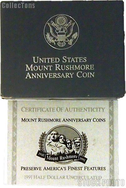 1991 Mount Rushmore Golden Anniversary Commemorative Uncirculated Half Dollar OGP Replacement Box and COA
