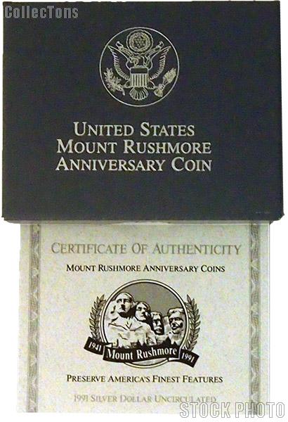1991 Mount Rushmore Golden Anniversary Commemorative Uncirculated Silver Dollar OGP Replacement Box and COA