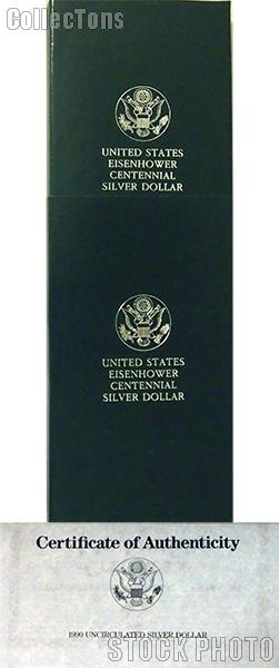 1990 Eisenhower Centennial Commemorative Uncirculated Silver Dollar OGP Replacement Box and COA