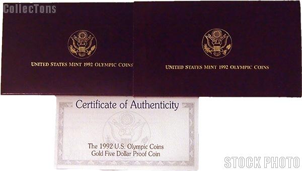 1992 U.S. Olympic Commemorative Proof Gold Five Dollar OGP Replacement Box and COA