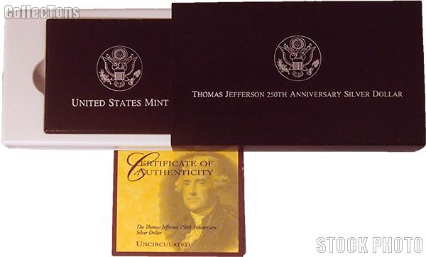 1993 Thomas Jefferson Commemorative Uncirculated Silver Dollar OGP Replacement Box and COA