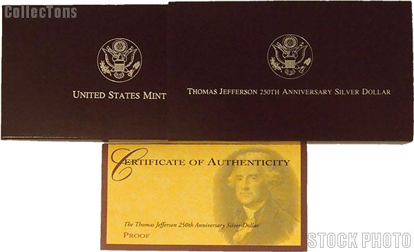 1993 Thomas Jefferson Commemorative Proof Silver Dollar OGP Replacement Box and COA
