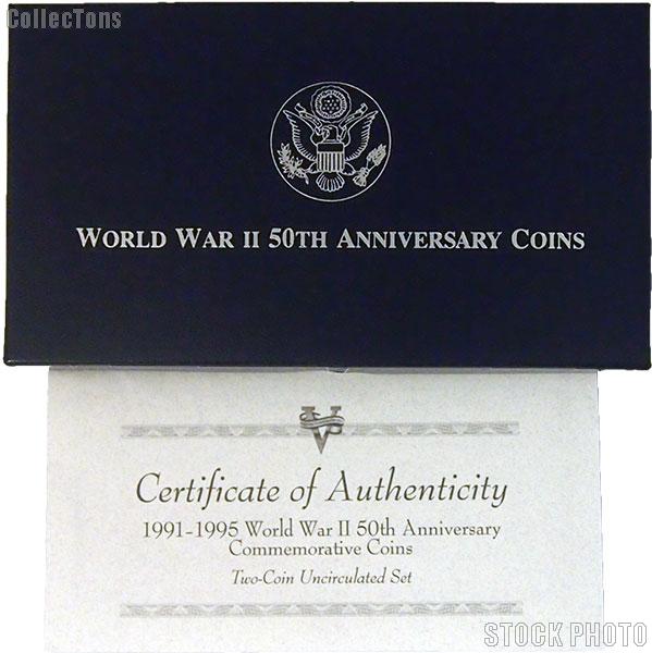 1991-1995 World War II 50th Anniversary Commemorative Uncirculated Two Coin Set OGP Replacement Box and COA