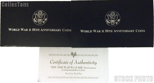 1991-1995 World War II 50th Anniversary Commemorative Proof Two Coin Set OGP Replacement Box and COA