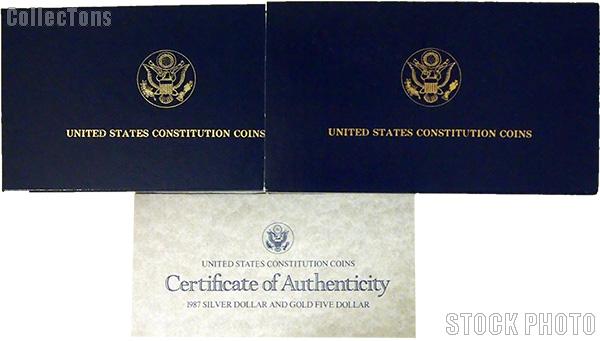 1987 U.S. Constitution Bicentennial Commemorative Uncirculated Silver Dollar and Gold Five Dollar OGP Replacement Box and COA