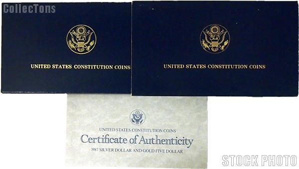 1987 U.S. Constitution Bicentennial Commemorative Proof Silver Dollar and Gold Five Dollar OGP Replacement Box and COA