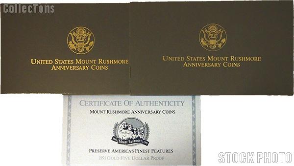 1991 Mount Rushmore Golden Anniversary Commemorative Proof Gold Five Dollar OGP Replacement Box and COA