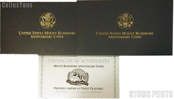 1991 Mount Rushmore Golden Anniversary Commemorative Uncirculated Three Coin Set OGP Replacement Box and COA