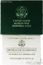 1991 Korean War Memorial Commemorative Uncirculated Silver Dollar OGP Replacement Box and COA