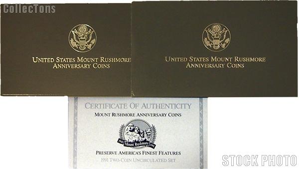 1991 Mount Rushmore Golden Anniversary Commemorative Uncirculated Two Coin Set OGP Replacement Box and COA