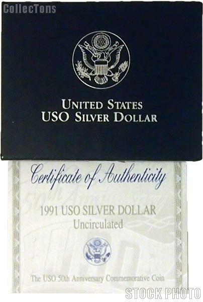 1991 United States Organizations 50th Anniversary Commemorative Uncirculated Silver Dollar OGP Replacement Box and COA