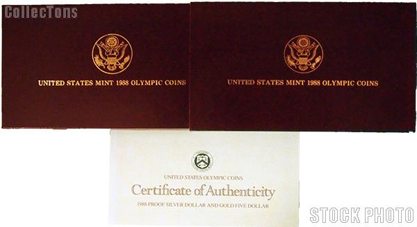1988 Seoul Olympiad Commemorative Proof Silver Dollar and Gold Five Dollar Two Coin Set Set OGP Replacement Box and COA