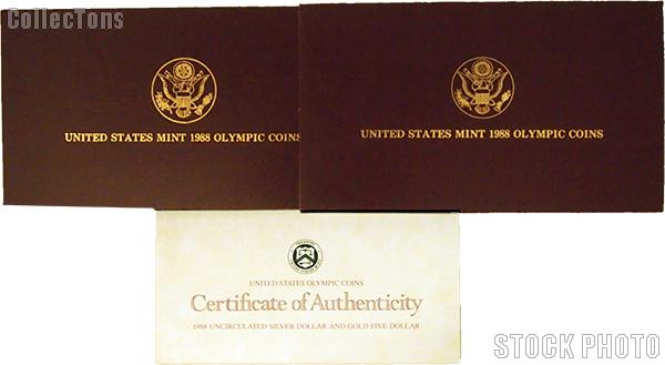 1988 Seoul Olympiad Commemorative Uncirculated Silver Dollar and Gold Five Dollar Two Coin Set Set OGP Replacement Box and COA