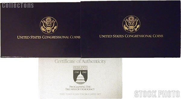 1989 Congress Bicentennial Commemorative Uncirculated Three Coin Set OGP Replacement Box and COA