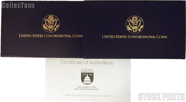 1989 Congress Bicentennial Commemorative Uncirculated Gold Five Dollar OGP Replacement Box and COA