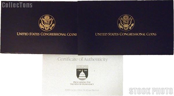 1989 Congress Bicentennial Commemorative Proof Gold Five Dollar OGP Replacement Box and COA