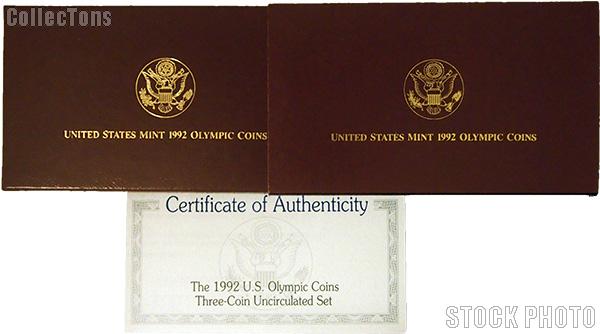 1992 U.S. Olympic Commemorative Uncirculated Three Coin Set OGP Replacement Box and COA