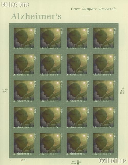 2008 Alzheimer's Disease Awareness 42 Cent US Postage Stamp Unused Sheet of 20 Scott #4358