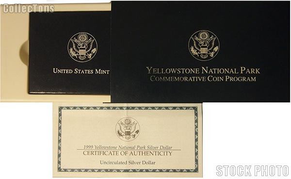 1999 Yellowstone National Park Commemorative Uncirculated Silver Dollar OGP Replacement Box and COA