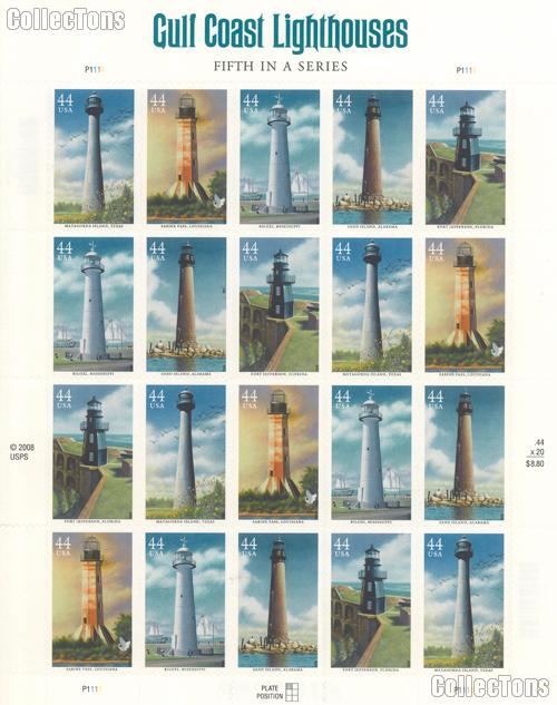 2009 Gulf Coast Lighthouses 44 Cent US Postage Stamp Unused Sheet of 20 Scott #4409 - #4413