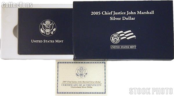 2005 Chief Justice John Marshall Commemorative Uncirculated Silver Dollar OGP Replacement Box and COA