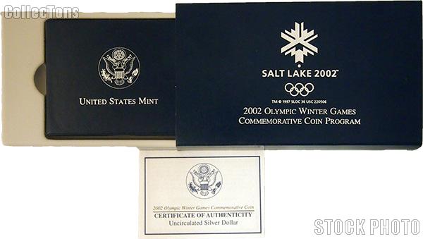 2002 Salt Lake City Winter Games Commemorative Uncirculated Silver Dollar OGP Replacement Box and COA