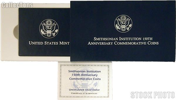 1996 Smithsonian Institution 150th Anniversary Commemorative Uncirculated Silver Dollar OGP Replacement Box and COA