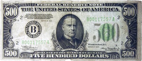 Five Hundred Dollar Bill 1934 Series US Currency Good or Better