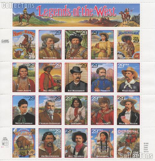 1994 Legends of the West 29 Cent US Postage Stamp Unused Sheet of 20 Scott #2869