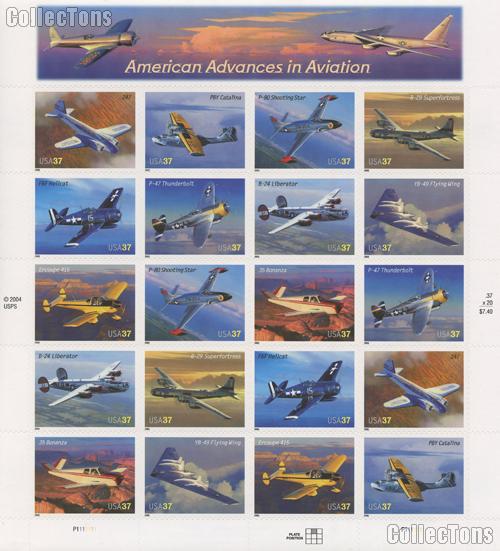 2005 Advances in Aviation 37 Cent US   Postage Stamp Unused Sheet of 20 Scott #3916 - #3925