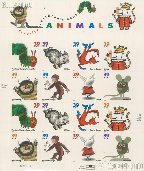 2006 Children's Book Animals 39 Cent US Postage Stamp Unused Sheet of 16 Scott #3987-3994