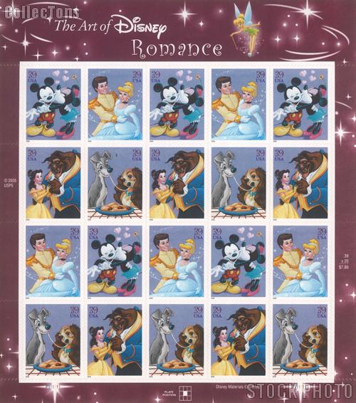 2006 The Art of Disney: Romance 39 Cent US Postage Stamp Unused Sheet of 20 Scott #4025-4028