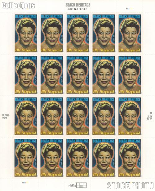 2007 Black Heritage - Ella Fitzgerald Series 39 Cent US Postage Stamp Unused Sheet of 20 Scott #4120