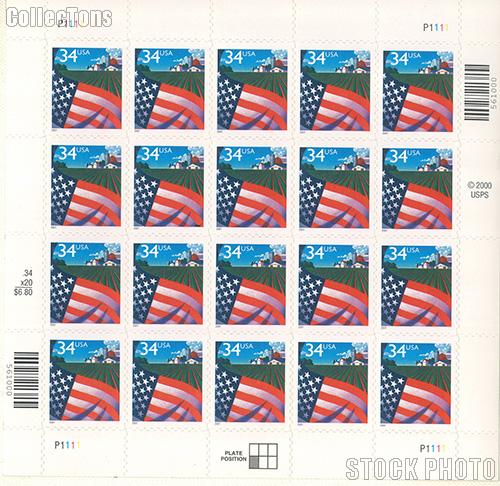 2000 Flag Over Farm 34 Cent US Postage Stamp Unused Sheet of 20 Scott #3449