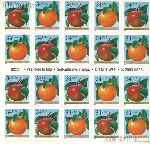 2001 Apple and Orange 34 Cent US Postage Stamp Unused Booklet of 20 Scott #3491 - #3492