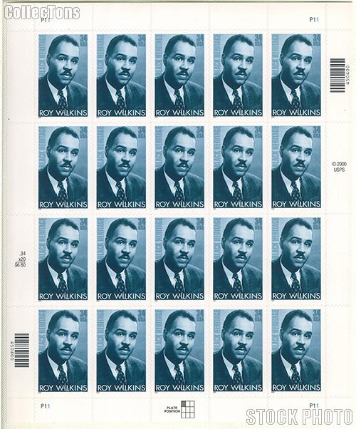 2001 Black Heritage Series - Roy Wilkins 34 Cent US Postage Stamp Unused Sheet of 20 Scott #3501