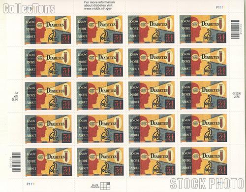 2001 Diabetes Awareness Series 34 Cent US Postage Stamp Unused Sheet of 20 Scott #3503