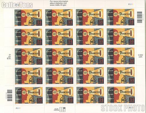 2001 Diabetes Awareness Series 34 Cent US Postage Stamp Unused Sheet of 20 Scott #3503