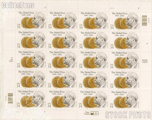 2001 Nobel Prize Centenary Series 34 Cent US Postage Stamp Unused Sheet of 20 Scott #3504
