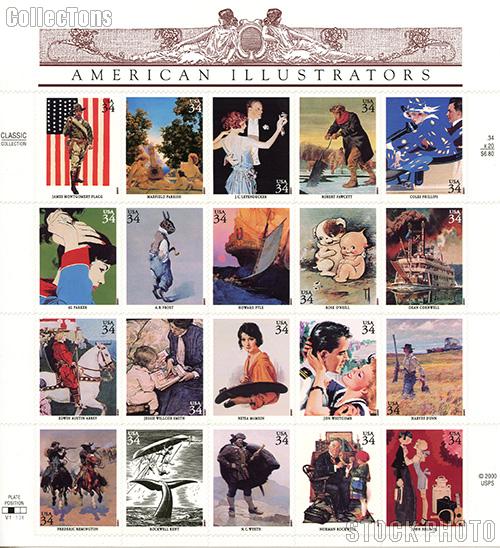 2001 American Illustrators 34 Cent US Postage Stamp Unused Sheet of 20 Scott #3502