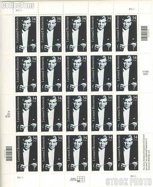 2001 Leonard Bernstein (1918-1990), Conductor 34 Cent US Postage Stamp Unused Sheet of 20 Scott #3521