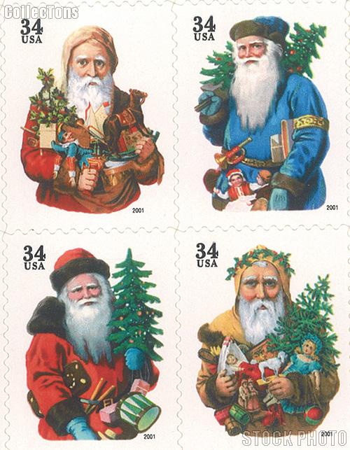 2001 Christmas - Santa Claus 34 Cent US Postage Stamp Unused Sheet of 20 Scott #3537-#3540